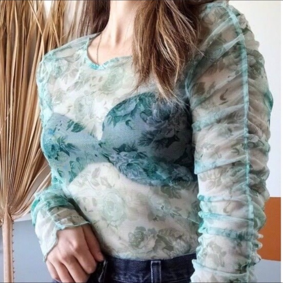 NEW ZARA Green Floral Mesh Sheer Top Ruched Blouse - Picture 2 of 10
